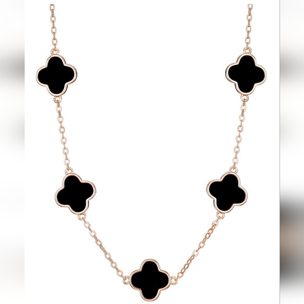 Adornia, Rose Gold Tone Necklace with Black Clover Accents, NWT - Picture 1 of 5